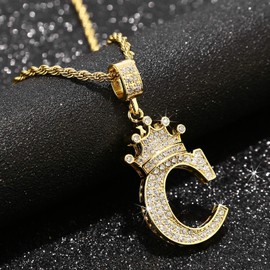 UALGL A-Z Letters Necklace Crown Necklace for Men Women 18K Gold Plated Letters Pendants with 23'' Chain Hip Hop Alphabet Name Jewelry Mom Gifts (Yellow-C)