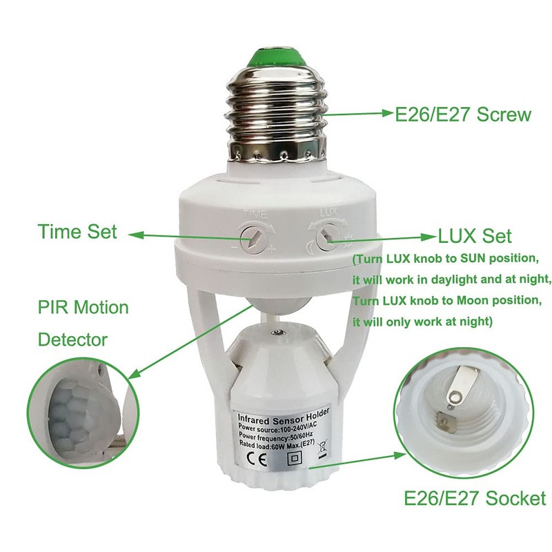 PIR Motion Sensor Light Socket,E26/E27 Smart Lamp Bulb Holder Adapter