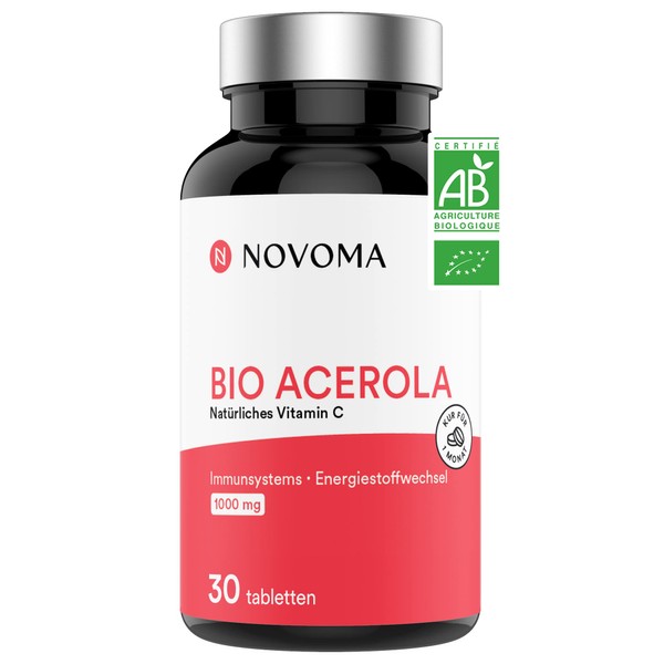 Organic Acerola 1000 mg | 100% Natural Vitamin C | Reduces Fatigue and Supports the Immune System | 30 Tablets | Forest Fruit Flavour | Sugar Free | Novoma