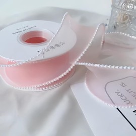 5 Yards*4CM Pink Sheer Organza Fabric Ribbon with Pearl Edge Iridescent Organza Chiffon Ribbon for Bouquet/Gift Wrapping
