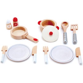 Hape Cook & Serve Set | 13 Piece Wooden Pretend Play Cooking Set with Accessories