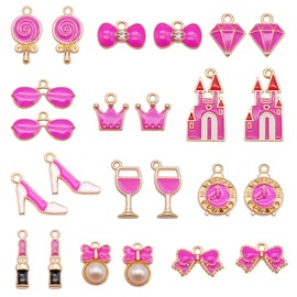 Julie Wang 48pcs Bright Pink Enamel Charms Alloy Mixed Makeup Lipstick Bow Pendants for Women Jewelry Necklace Earrings Bracelet DIY Making