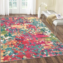 RUGSREAL Large 8x10 Machine Washable Area Rug - Non Slip Accent Boho Chic Abstract Watercolor Design Ultra-Thin Carpet Throw Rug for Bedroom Living Room, Fuchsia/Green