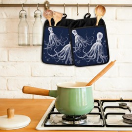 Navy Blue Coastal Octopus Beach Pot Holders Heat Resistant, Octopus Gifts for Women Men, Nautical Ocean Animal Oven Potholder Hot Pads for Kitchen Countertops Baking Cooking