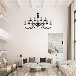 LIGHTDAMY Black Farmhouse Chandeliers for Dining Room Light Fixtures Over Table, 12 Light Industrial Candle Hanging Chandeliers for Living Room Kitchen Island Foyer Staircase