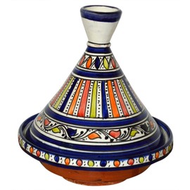 Moroccan Handmade Serving Tagine Ceramic With Vivid colors Original 8 inches Across Blue Stripes
