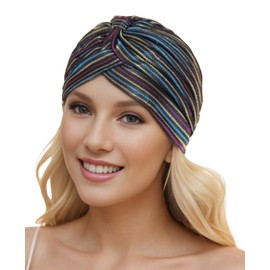 Fashion 21] Women's Perfect Fit Pleated Glittered Turban Hat Head Wear (Black Multi)