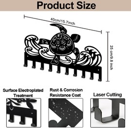 MAYJOYDIY Mandala Turtle Metal Coat Hooks Wall Mount 15.7×9.8inch Sea Waves Key Hook Rack with 10 Hooks Ocean Animal Black Art Key Holder for Coats Hats Towels Bags Keys Hanging