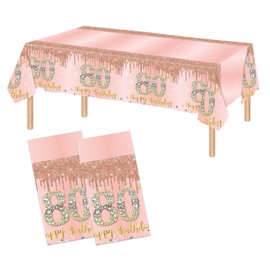 2 Pack 80th Birthday Tablecloth Pink Rose Gold 80th Birthday Table Cover Happy 80th Birthday Decorations for Women Plastic Disposable 80th Birthday Table Cloth 80th Birthday Party Supplies (54"x108")