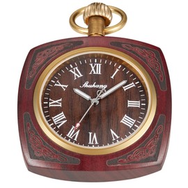 Tiong Reddish Brown Square Wooden Quartz Pocket Watch with Chain, Uncovered Roman Digital Dial Quartz Wood Pocket Watch for Men-red