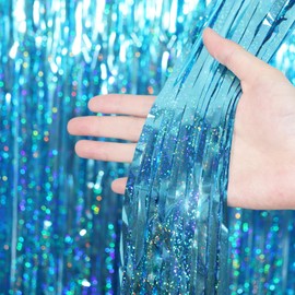 Voircoloria 3 Pack 3.3 x 6.6 ft Light Blue Foil Fringe Backdrop Curtains, Tinsel Streamers Party Decorations, Fringe Backdrop for Birthday, Baby Shower, Gender Reveal, Graduation