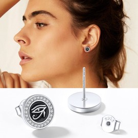 Silvora 925 Silver Unisex Horus Eye / Star of David / Freemasonry Stud Earrings Black W 6 mm Wide Round Cubic Zirconia Earrings for Men Women, Sterling Silver, Cubic Zirconia