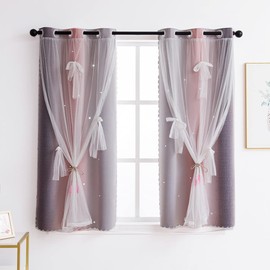 Yancorp Curtains for Girls Bedroom Kids Curtain Hollow-Out Star Window Nursery Curtain 63 inches Length Room Darkening Grommet 2 Layers (Pink Grey, W34 X L63)