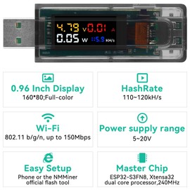 NM USB Chian ESP32 BTC Solo Lottery Miner with Ammeter Low Power USB A Interface Multiple Device 117KHs High Winning Probability WiFi Bluetooth LoRaWAN Development Board