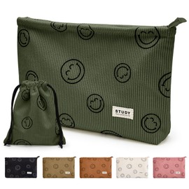 WLLWOO - Bolsa de maquillaje, 2 unidades, cara sonriente, bolsa de cosméticos de pana con cierre, interior impermeable, estuche para monedas, artículos de aseo de viaje, bolsa de maquillaje pequeña para mujeres, Verde(Military Green)