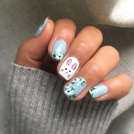 Easter Press on Nails Short Square Fake Nails with Cute Bunny & Flower Design Blue Acrylic Nails Full Cover Glossy False Nails Reusable Stick on Nails for Women Spring Easter Manicure 24Pcs