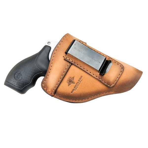 The Defender Leather IWB Holster - Fits Most J Frame Revolvers Incl. Ruger LCR, S&W 442/642, Taurus, Charter & Most .38 Special Revolvers - Made in USA - Charred Oak - Left Handed