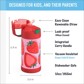 THERMOS FUNTAINER Water Bottle with Straw - 12 Ounce - Kids Stainless Steel Vacuum Insulated Water Bottle with Lid, Strawberry Smiles