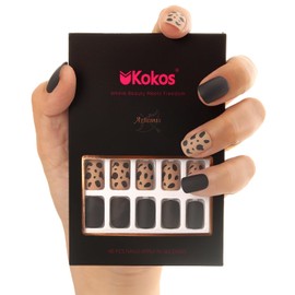 48 PCS Press On Nails, Short Square Leopard Print Contrast Fake Nails, ABS Natural Fit, Reusable Stick On Nails in 12 Sizes-Soft Gel Fake Nails Kit, Salon-quality, Brown and Black, Wild West