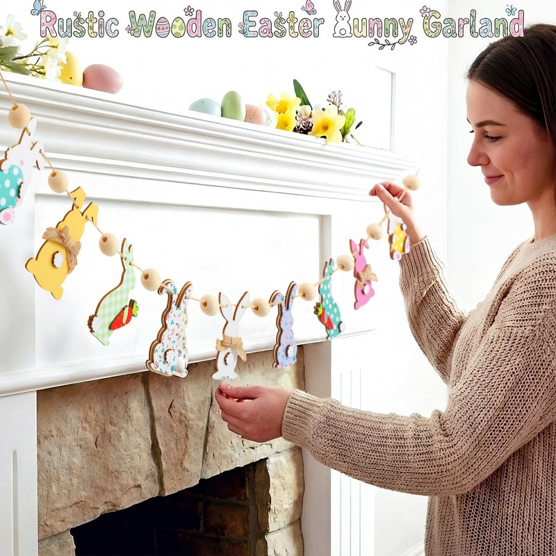 Leinuosen 8.2 ft Easter Bunny Garland Large Wooden Cute Rabbits