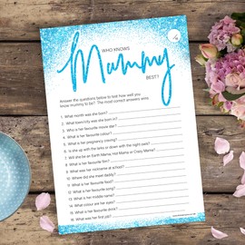 20 x Who Knows Mummy Best Baby Shower Game - Boys Blue Glitter Effect (20 Guest Cards + 1 Card of Answers for The Host + Winner's Certificate)