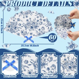 Vercraft 60 Pcs Blue Flower Plastic Hand Fans with Bow Bulk Wedding Favor Fans for Guests Gifts Plastic Chinoiserie Handheld Decorations for Mediterranean Bridal Shower Bridesmaid Party