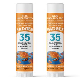 Badger Badger Mineral Kids Sunscreen Face Stick SPF 35, Zinc Oxide Travel Size Sunscreen Stick for Kids, 97% Organic Ingredients, Reef Safe, Water Resistant, .65 oz, 2-Pack