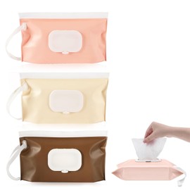 TELAIN Wet Wipe Dispenser, 3 Pack Portable Refillable Wet Wipe Container, Reusable Travel Wet Wipe Dispenser for Babies, Water and Dustproof (Red Pink & Cream & Brown)