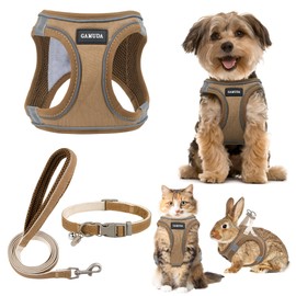 GAMUDA Small Pet Harness Collar and Leash Set, Step in No Chock No Pull Linen Fabric Soft Mesh Dog Vest Harnesses Reflective for Dogs Puppy Cats Kitten Rabbit (Brown, S)
