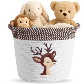 Deer Storage Basket for Nursery – Large 15”x11” Cotton Rope Bin with Soft Felt Animal Patch – Toy Organizer, Baby Laundry Hamper, Diaper & Towel Holder – Foldable, Washable & Baby-Safe