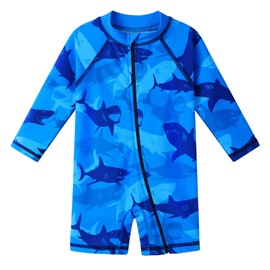 HUAANIUE Baby/Toddler Boy Swimsuit Long Sleeve One-Piece Swimwear Rashguard NavySharks 2-3 Years