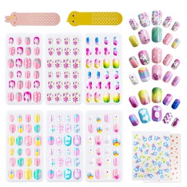 144Pcs Kids Press on Nails Children Girls Press on Short Artificial Fake Nails No fading Stable Quick Stick on Cute Pre Glue Full Cover Acrylic Nail Tip Kit Gift Kids Nail Decoration (Unicorn)