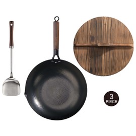 New Star Foodservice 1029154 Hand Hammered Carbon Steel, Non-Stick Wok Carbon Steel, Includes 12.7" Round Bottom, Wooden Lid, and Spatula (Hand Wash Recommended)