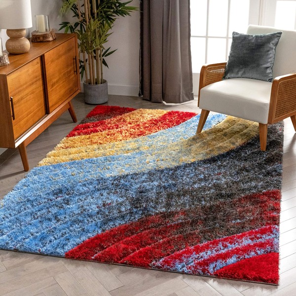 Well Woven Maura Multi Geometric Stripes Thick Soft Plush 3D