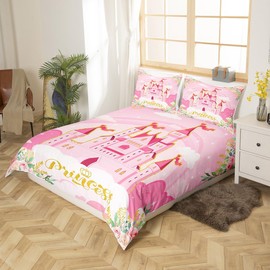 Manfei Princess Twin Bedding Sets for Girls,Pink Castle Dreamy Comforter Cover Kids Bedroom Decor,Flowers Bed Set,Fairy Tale Theme Duvet Cover Cute Blanket,Gifts for Girl,No Comforter