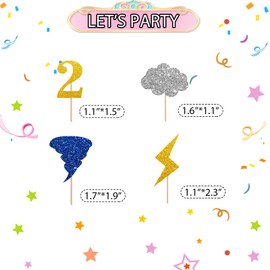 24pcs Twonado Cupcake Toppers, Tornado 2nd Birthday Cupcake Toppers, Colorful Glitter Lightning Cupcake Picks for Boys, Weather Themed 2nd Anniversary Party Supplies