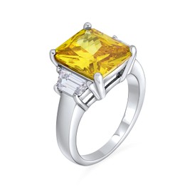 Art Deco Style .925 Sterling Silver 8Ctw Canary Yellow Pink Clear Aaa CZ Rectangle Emerald Cut Cocktail Statement Engagement Ring for Women Cubic Zirconia Baguette Side Stones Adjustable, Stone, Cubic