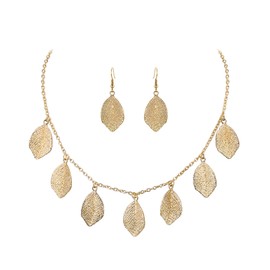 Flyonce Leaf Necklace Earrings Set Women, Vintage Style Floral Choker Hook Earings Statement Jewelry Gold-Tone