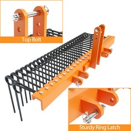 60" Durable Powder Coated Steel Pine Straw Rake Steel Spring Landscape Rake Attaches to Cat 0 Cat 1,3 Point Hitch for Tractor, Orange
