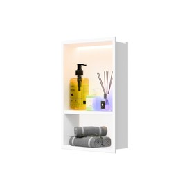 IKITRAEE Lighted Shower Niche,Bathroom Wall Niche with LED Light Strip Waterproof,No Tile Needed,Double Shelves Stainless Steel,(Matta White, 18 * 12 * 4 in)