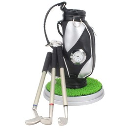 Golf Bag Pen Holder with Clock for Desk Mini Golf Caddy Cart Holder and 3 Pens Golf Gifts Set for Men Women, Desktop Aluminum Alloy Golf Pens Souvenir Gift(Silver/Black - Golf Bag)