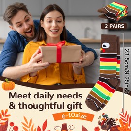 Lonfliness 2Pairs Thanksgiving Woven Knee-High Socks Turkey Socks With Stripes Fun Turkey Trot Running Sock Thanksgiving Holiday Sock Novelty Fall stocking for Women Men Thank You Gift (Brown)