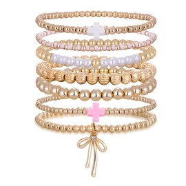 7 Pcs Gold Beaded Bracelet Set for Women - Dainty Multi Strand Bracelets, Pink White Cross Layering Jewelry Gifts for Easter Basket, Stretch Boho Bracelet for Summer Beach Valentine's Day