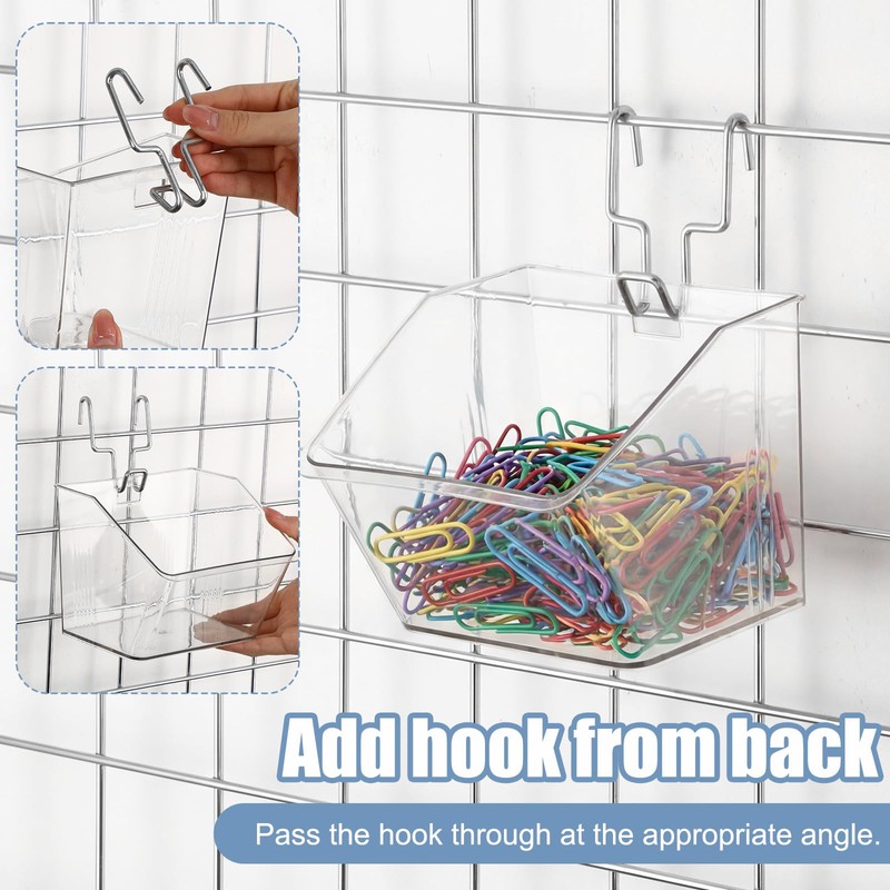 AceOrbit 6 Pack Grid Wall Bins with Hooks, Clear Plastic