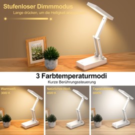 Suright Suright LED Tischlampe Kabellos Akku Lampe,Faltbare Touch-Schreibtischlampe,Nachttischlampen,Dimmbare Tischleuchte mit 3 Lichtmodi,Aufladbare USB-Schreibtischleuchte fr Schlafzimmer,Lesen,Lernen