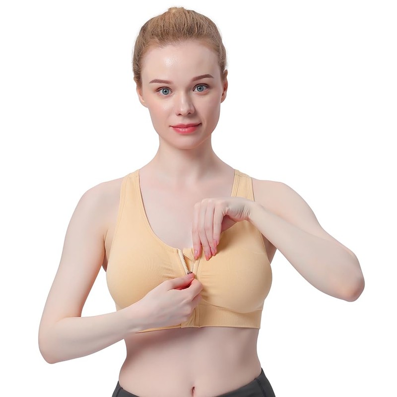 WANAYOU Women's Zip Front Sports Bra Wireless Post-Surgery Bra Active