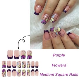 Purple French Tip Press on Nails Medium Square Fake Nails Flower Acrylic False Nails Glossy Artificial Stick on Nails Reusable Glue on Nails DIY Manicure for Women Girls 24Pcs