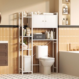 MUTUN Over The Toilet Storage Cabinet with Doors, 7-Tier Bathroom Organizer Storage Shelves, Freestanding Shelf for Restroom Laundry, Plant Stands Indoor, White