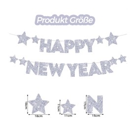 DazzJoy Happy New Year Garland Silver, Glitter New Year's Eve Decoration 2025 Garland Banner, New Year Decoration, New Year Decoration Garlands for New Year's Eve Decoration, 2025 New Year's Eve Party