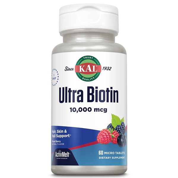 KAL Ultra Biotin 10,000 mcg ActivMelts | Healthy Hair Growth Formula, Skin & Nail Health Support | 60 Tablets